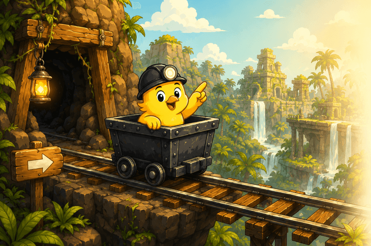 CartCanary mascot riding a mine cart away from a tunnel